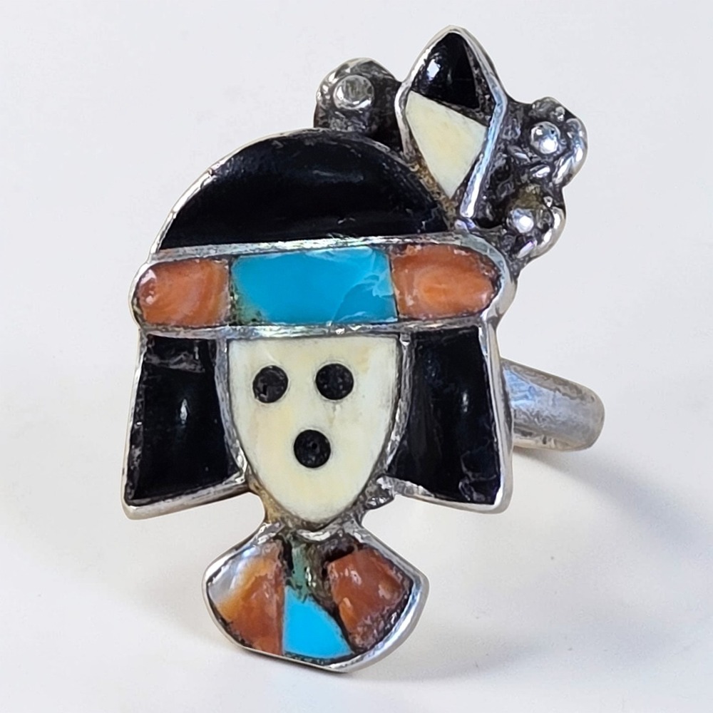 Native American Sign Maud Multi-Stone Zuni Inlay Face Ring Sz 7 Spiny Oyster Vtg